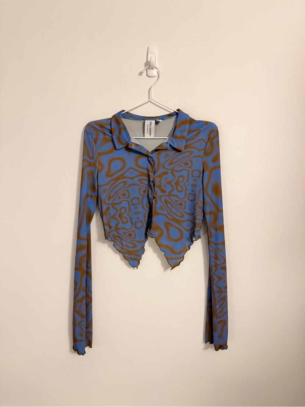 Collusion Blue & Brown Swirl Patterned Long-Sleeve Crop Top